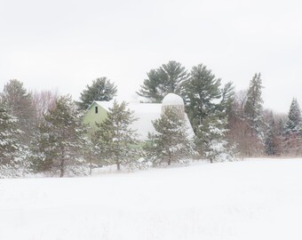 Green Barn in Snow Photo, Green Barn in Winter White, Modern Farmhouse Home Decor, Canvas and Print Rural Art, Green Barn at Sunset Image