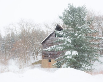 Rustic Farmhouse Wall Art Decor. Gray Barn Country Landscape Print,Canvas Wall Art,Snow Winter Photo for Home Decor,Christmas Photo for Wall