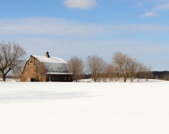 Rustic Red Barn in Winter White Photo, Barn with Trees in Snow,Modern Farmhouse Home Decor,Rural Canvas and Print for Living Room or Kitchen