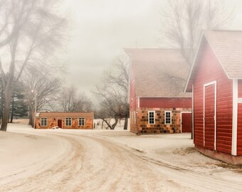 Red and Orange Brick Barn and Sheds in the Fog on a Winter's Day Photo, Snow White Foggy Country Landscape Print, Rustic Rural Art, Dreamy