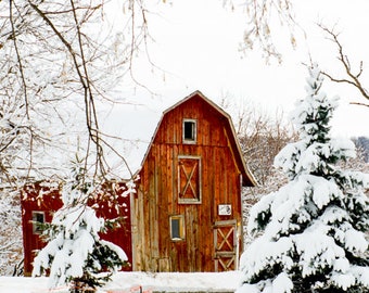 Vertical Red Barn Photography, Country Landscape Print, Winter Picture, Red Snowy Barn, Rustic Wall Art, Christmas Picture for the Wall