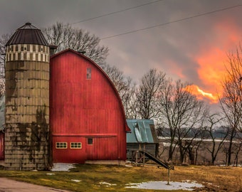 Red Barn Photo, Modern Farmhouse Home Decor Art, Rustic Country Wall Art, Canvas or Print for Wall Decor of Old Barn with Silo at Sunset