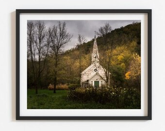 White Church Photo, Aqua Door Church in Woods, Spiritual Home Decor for Living Room,Bathroom Art, Large Art over Bed,Home Decor for Wall Art