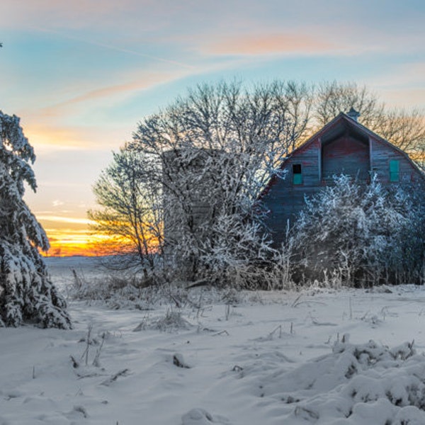 Sunset Frost Photo, Country Landscape Print, Winter Barn Image, Old Snowy barn Print, Sunset Wall Art, Modern Farmhouse Decor, Winterscape