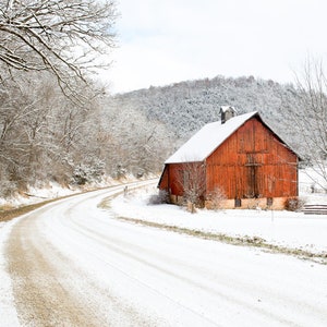 Rustic Red Barn Photography, Country Landscape Print, Winter Pictures, Snowy barn Picture, Rustic Wall Art, Christmas Picture for the Wall