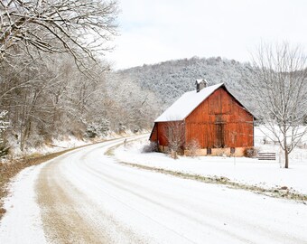 Rustic Red Barn Photography, Country Landscape Print, Winter Pictures, Snowy barn Picture, Rustic Wall Art, Christmas Picture for the Wall