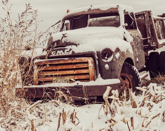 Old GM Truck Photo, Rustic Brown Truck in Beanfield, Gift for His Office or Man Cave, Den, Birthday, Anniversary. Print or Canvas Wall Art