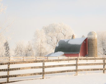 Country Farm Photo, Barn Wall Art, Rustic Photography, Winter Picture with Snowstorm,Farmhouse Decor,Red Barn Print or Canvas,Old Farm Fence