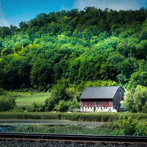 Huge Barn by Railroad Tracks Photo, Rural Landscape photography, Farmhouse Home Decor Print, Rustic Image of old Red Barn, Canvas or Print