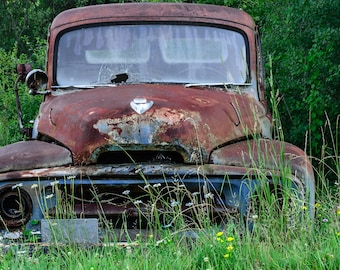 Truck with Flowers Photo, Canvas or Print of Old Rusty Truck in Field of Flowers, Gift for Father's Day, Retirement, Anniversary, Birthday