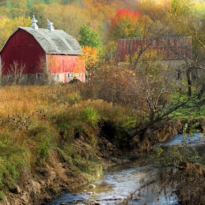 Red Barn  Photo, Rustic Country Wall Art, Red Barn with Water Picture, Old Barn in Field with Blue Stream, Fall, Autumn with Barn