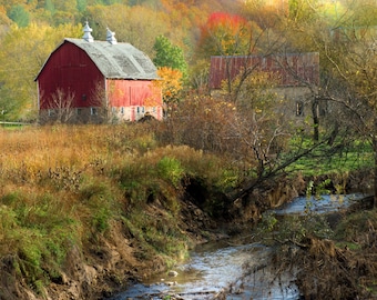 Red Barn  Photo, Rustic Country Wall Art, Red Barn with Water Picture, Old Barn in Field with Blue Stream, Fall, Autumn with Barn