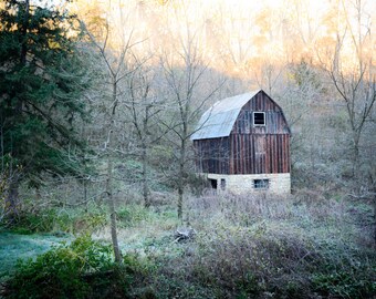 Farmhouse Decor Photo, Rustic Country Wall Art, Barn or Shack Picture, Canvas or Print for Wall, Old Barn in a Foggy Field.