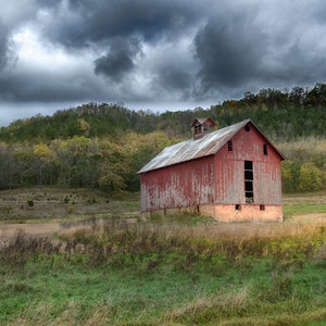 Stormy Landscape,Country Landscape Print,Red Barn Photography,Farm Canvas,Old Rustic Barn Picture,Rustic Wall Art,Farmhouse Decor,Square Art image 1