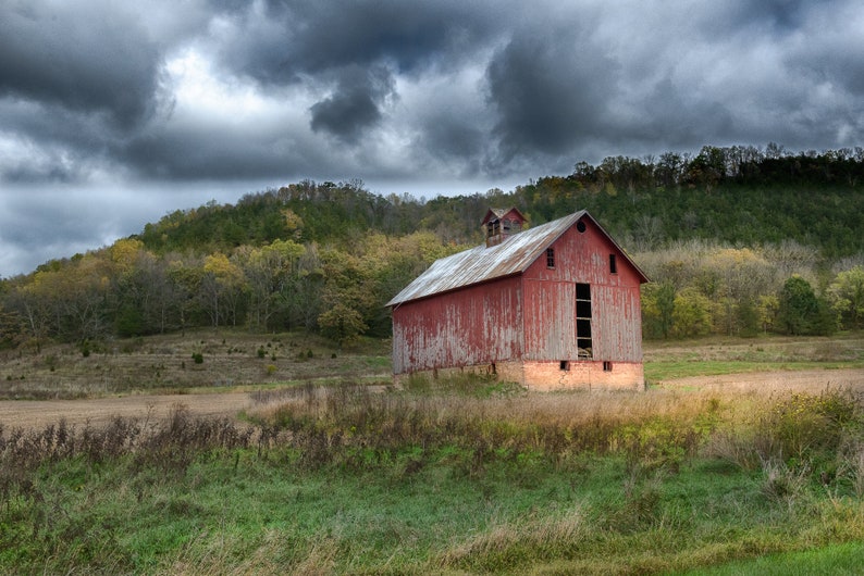 Stormy Landscape,Country Landscape Print,Red Barn Photography,Farm Canvas,Old Rustic Barn Picture,Rustic Wall Art,Farmhouse Decor,Square Art image 1