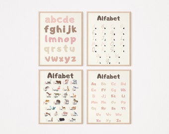 Educatieve poster over het alfabet, Nederlandstalige digitale download, Neutrale montessori decoratie voor kinderkamer, speelkamer en klas