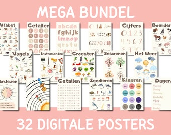 Educatieve posters bundel: 32 printbare posters voor leren, decoratie voor in de klas, speelkamer, babykamer of kinderopvang