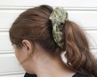 Scrunchie Hair Tie - Light Green with Plants and Birds