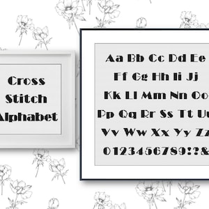 May include: Black and white cross stitch alphabet chart with letters A through Z and numbers 0 through 9, punctuation marks, and an ampersand. The chart is framed in a white frame and is displayed against a white background with black floral designs.