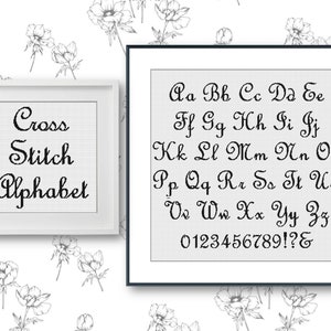 Korsstygnsmönster med alfabetet i kursiv stil, korsstygnsmönster med kalligrafi, stort fint typsnitt, fransk skrift (38 stygn)