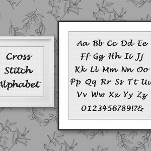 May include: A black and white image of a cross stitch alphabet chart. The chart includes the alphabet in cursive lettering, numbers 0-9, and punctuation marks. The text "Cross Stitch Alphabet" is displayed in a white frame.