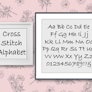 May include: Two white frames on a pink background with floral patterns. The left frame says "Cross Stitch Alphabet". The right frame shows a handwritten alphabet in uppercase and lowercase letters, numbers, and punctuation marks.