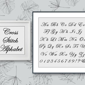 May include: A black and white image of a cross stitch alphabet. The alphabet is in a cursive font and includes numbers and punctuation marks. The text "Cross Stitch Alphabet" is displayed in a separate frame.