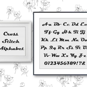 May include: A black and white image of a cross stitch alphabet chart. The chart includes the letters A-Z and the numbers 0-9. The text "Cross Stitch Alphabet" is displayed in the top left corner of the chart.