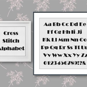Puede incluir: Un marco blanco con el texto "Cross Stitch Alphabet" y un marco negro con el alfabeto, los números y los signos de puntuación en una fuente en negrita y de bloque.