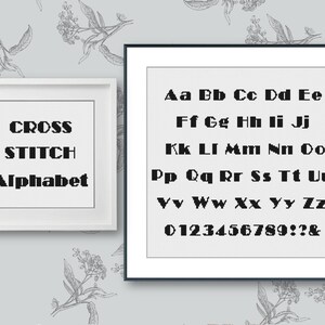Puede incluir: Un gráfico de alfabeto de punto de cruz en blanco y negro con las letras de la A a la Z y los números del 0 al 9. El gráfico también incluye signos de puntuación como un signo de exclamación, un signo de interrogación y una ampersand.
