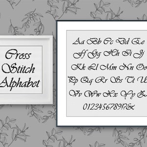 May include: A black and white image of a cross stitch alphabet. The alphabet is in a cursive font and includes numbers and punctuation marks. The text reads "Cross Stitch Alphabet" and "Aa Bb Cc Dd Ee Ff Gg Hh Ii Jj Kk Ll Mm Nn Oo Pp Qq Rr Ss Tt Uu Vv Ww Xx Yy Zz 0123456789!?"