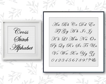 Kalligraphie-Kreuzstich-Alphabet-Muster, ausgefallene Kreuzstich-Buchstaben, große Kreuzstich-Handschrift-Schrift, edwardianische Schrift (28 Stiche)