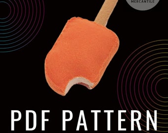 May include: A PDF pattern for a felt popsicle toy. The popsicle is orange with a white bite taken out of it. The popsicle is on a stick.