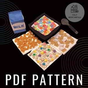 Felt Cereal Set PDF Pattern – DIY Breakfast Play Food – Bowl, Spoon, Milk Carton & Cereal – Instant Download