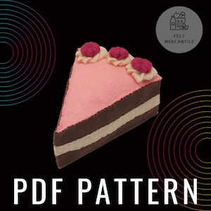 Peut inclure: Patron PDF pour une part de gâteau en feutre avec un glaçage rose et des couches de chocolat, décorée de trois fleurs en feutre rouge. Le patron est disponible chez Felt Mercantile.