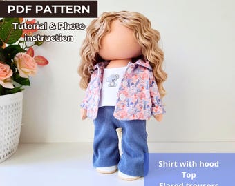 11 Inch Doll Clothes PDF Pattern Hooded Shirt, Top, Flared Trousers Sewing Tutorial