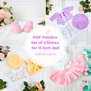May include: PDF pattern for a set of 11 inch doll clothes. The set includes a pink dress, a pink jacket, a pink hat, a yellow overall, a yellow hat, a floral print shirt, a pink skirt, and a pair of pink shoes. The text "PDF Pattern Set of Clothes for 11 inch doll Kattibestdolls" is visible in the image.
