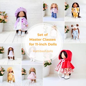 Peut inclure: Un ensemble de cours de maître pour poupées de 28 cm. L'image montre neuf poupées différentes portant des tenues variées, dont un chapeau violet, une cape à capuche rouge et une robe à bretelles jaunes. Le texte "Set of Master Classes for 11-inch Dolls" et "Kattibestsdolls" est affiché sur un fond blanc.