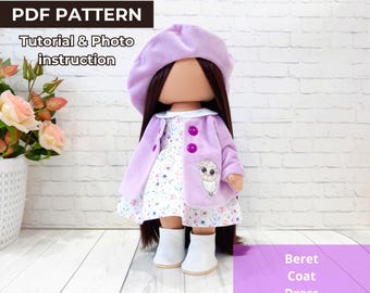 Tutorial de costura em PDF para roupas de boneca de 28 cm: boina, casaco e vestido.