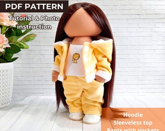 PDF Doll Hoodie, Tank Top & Pants Pattern 11 inch | Fabric Doll Clothes Sewing Pattern