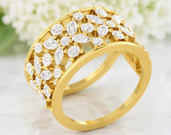 Funda para anillo Oura de oro macizo de 14 quilates con forma de flor marquesa, anillo de boda con racimo de moissanita, ajuste personalizado único para anillos Oura 4 y 3, regalo para anillos de mujer.