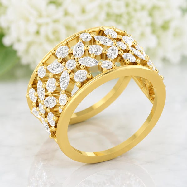 Couverture de bague Oura fleur marquise en or massif 14 carats, bague de mariage moissanite, bague Oura 4 & 3 personnalisée unique, cadeau pour femme