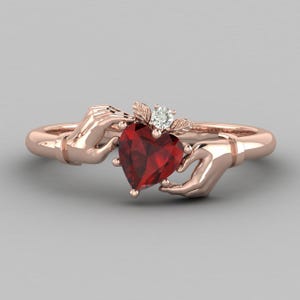 Unique Irish Claddagh ring 14k gold heart shaped Red garnet engagement Memorial day gift ring January birthstone Delicate woman gift for her