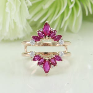 14k rose gold Enhancer Guard Engagement ring Graduation gift her Dainty girlfriend ring Chevron Unisex ruby Marquise Cut Gems Delicate ring