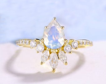 AAA Moonstone Bridal Ring | Set- Rainbow Moonstone Engagement Ring | Moonstone Anniversary Ring | June Ring | Solitaire Ring | Gift for her