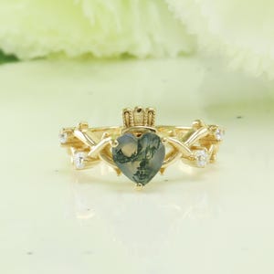 Einzigartige Herzform Moosachat Claddagh Ring Gold Handring keltischer Knoten Ring Irisches Kreuz Cluster Moissanit Diamantring Blatt Verlobungsring