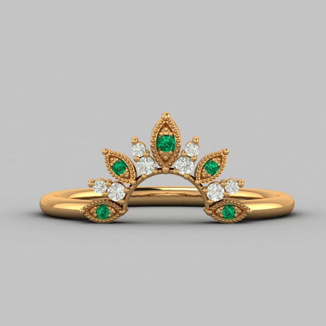 Marquise Design Wedding Band Unique Vintage Yellow Gold Green Emerald ...