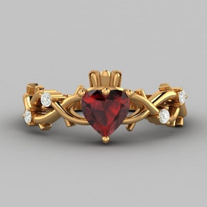 Filigree Red Garnet Gemstone Wedding ring Gift For Couple Delicate Claddagh ring Unique Handmade Jewelry 14k Solid Yellow Gold gift for mom