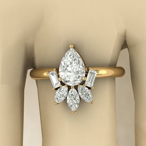 Pear shape engagement ring, White zircon wedding ring, unique antique cluster pear wedding bridal promise ring, anniversary ring
