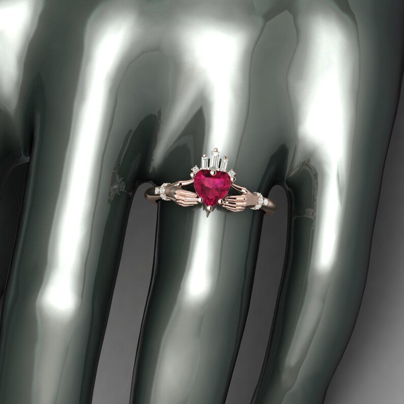 Unique Claddagh 6mm Heart Shape Ruby Gem July Birth Ring Couple Gift ...